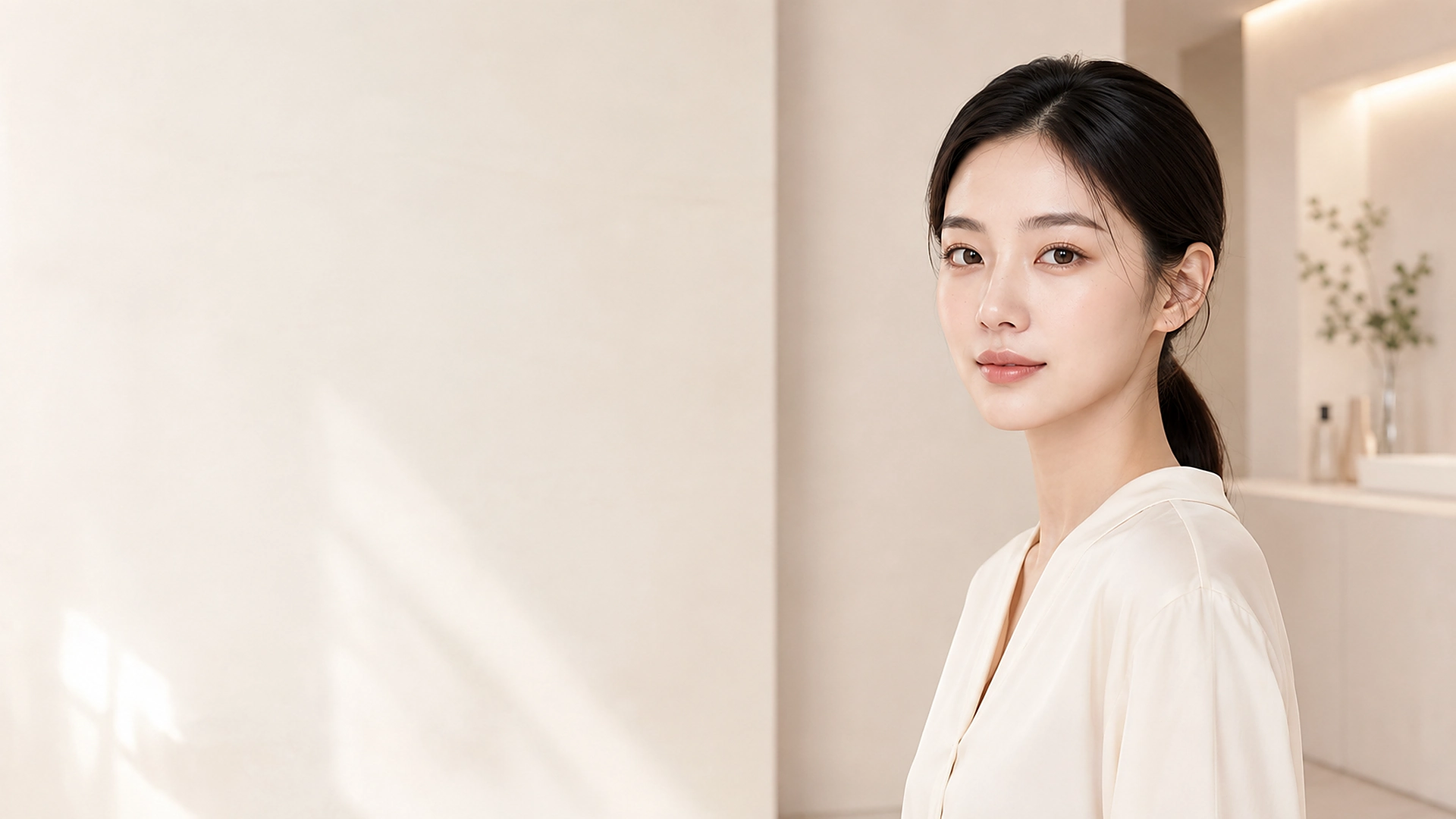 차분한 분위기의 한국인 여성 피부 모델