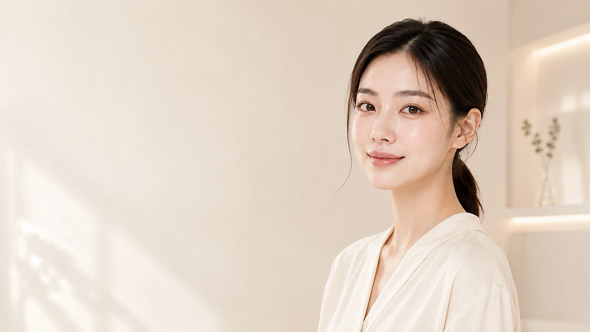 밝은 피부 클리닉 분위기에서 촬영한 한국인 여성 모델