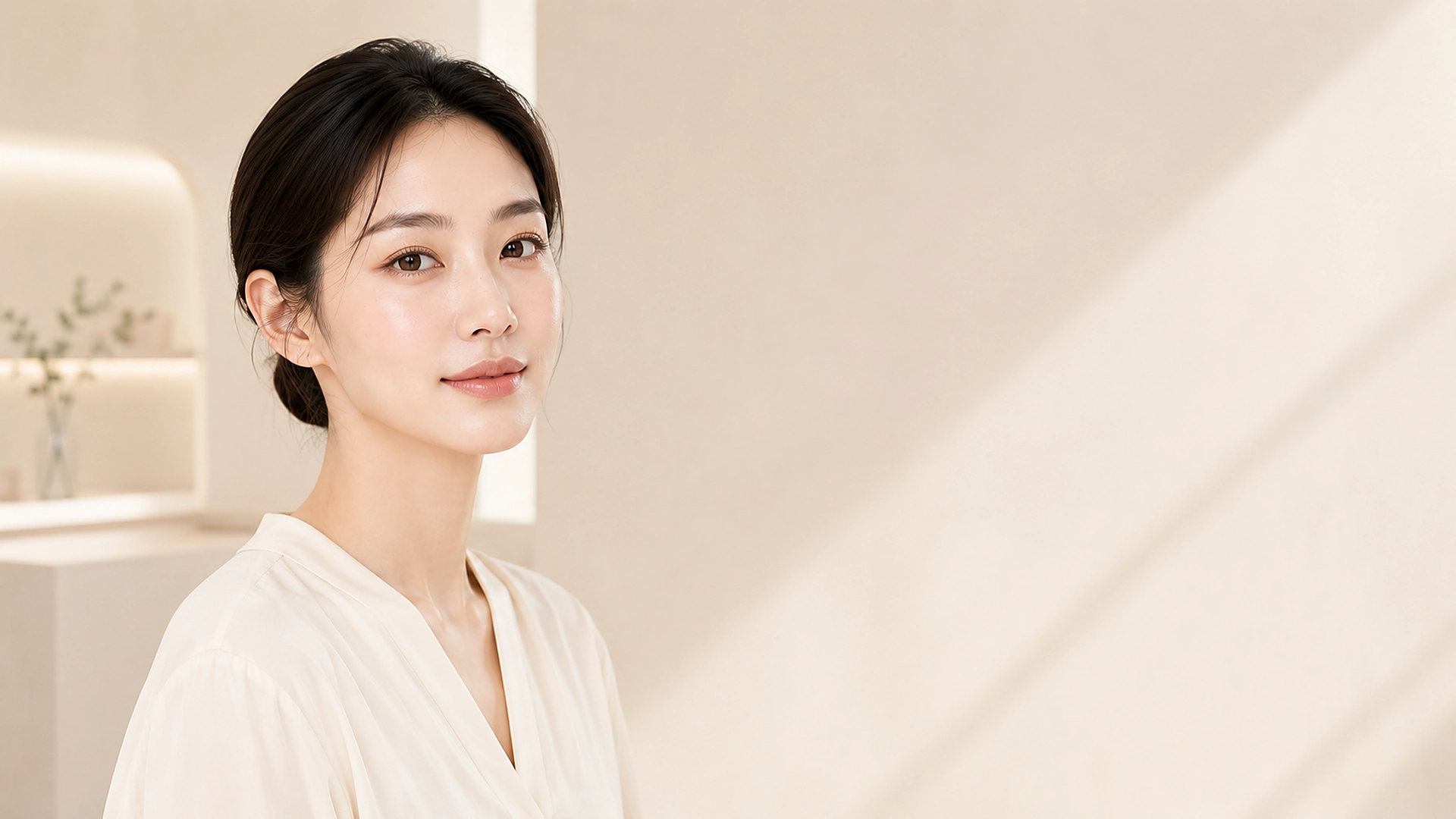 자연광이 들어오는 공간에서 촬영한 한국인 여성 피부 모델